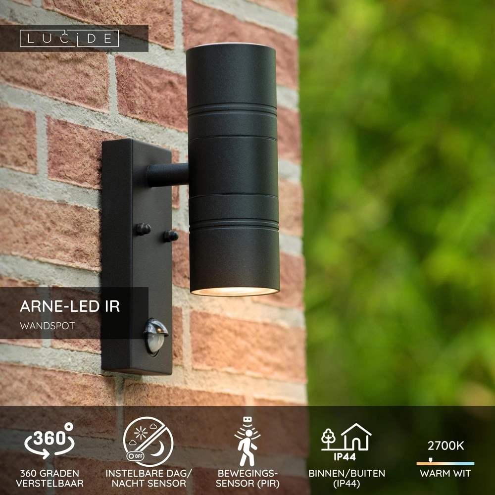 Wandspot Arne-Led Ir up en down zwart met sensor Lucide 5411212143877
