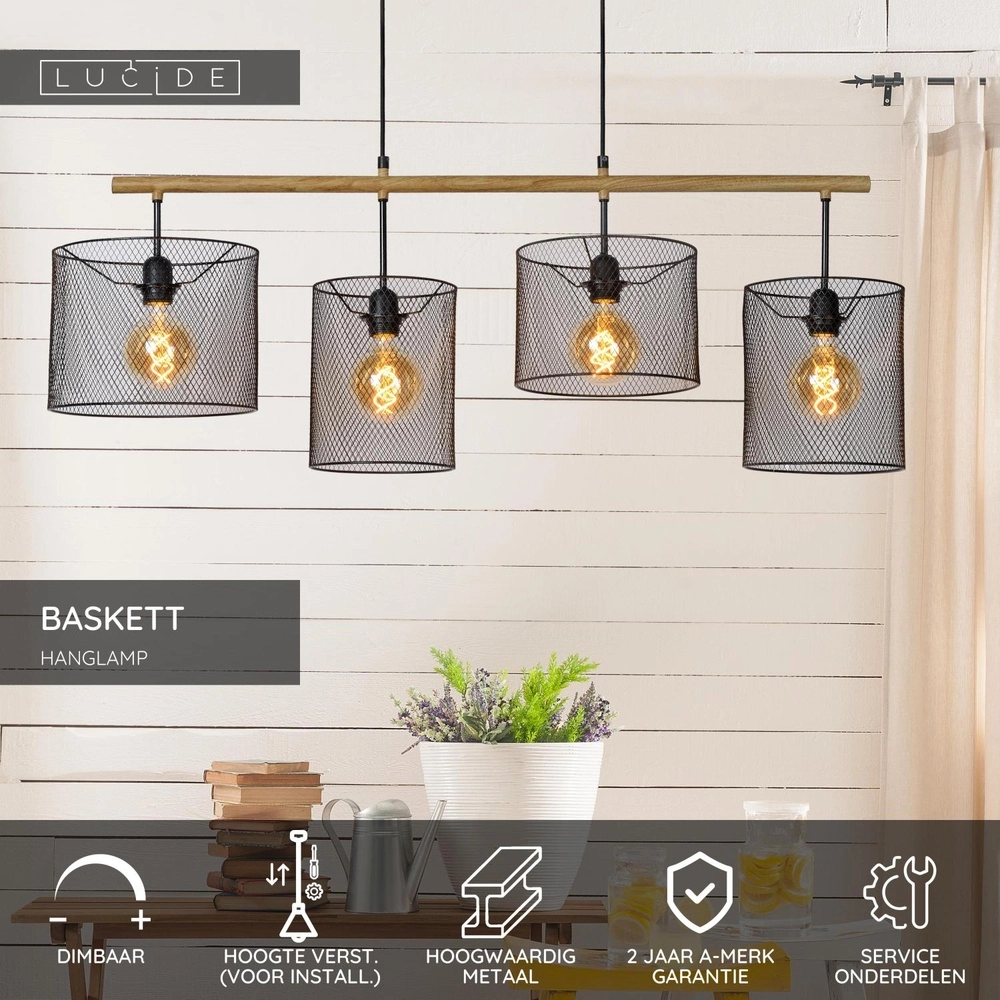 4-lichts hanglamp Baskett zwart met hout Lucide 5411212450531