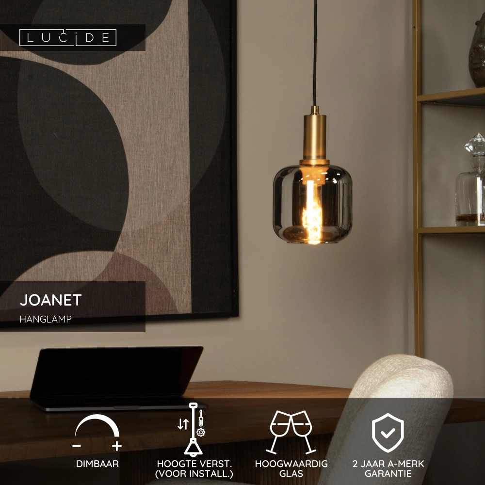Hanglamp Joanet Ø 16cm goud met smoke glas Lucide 5411212452641
