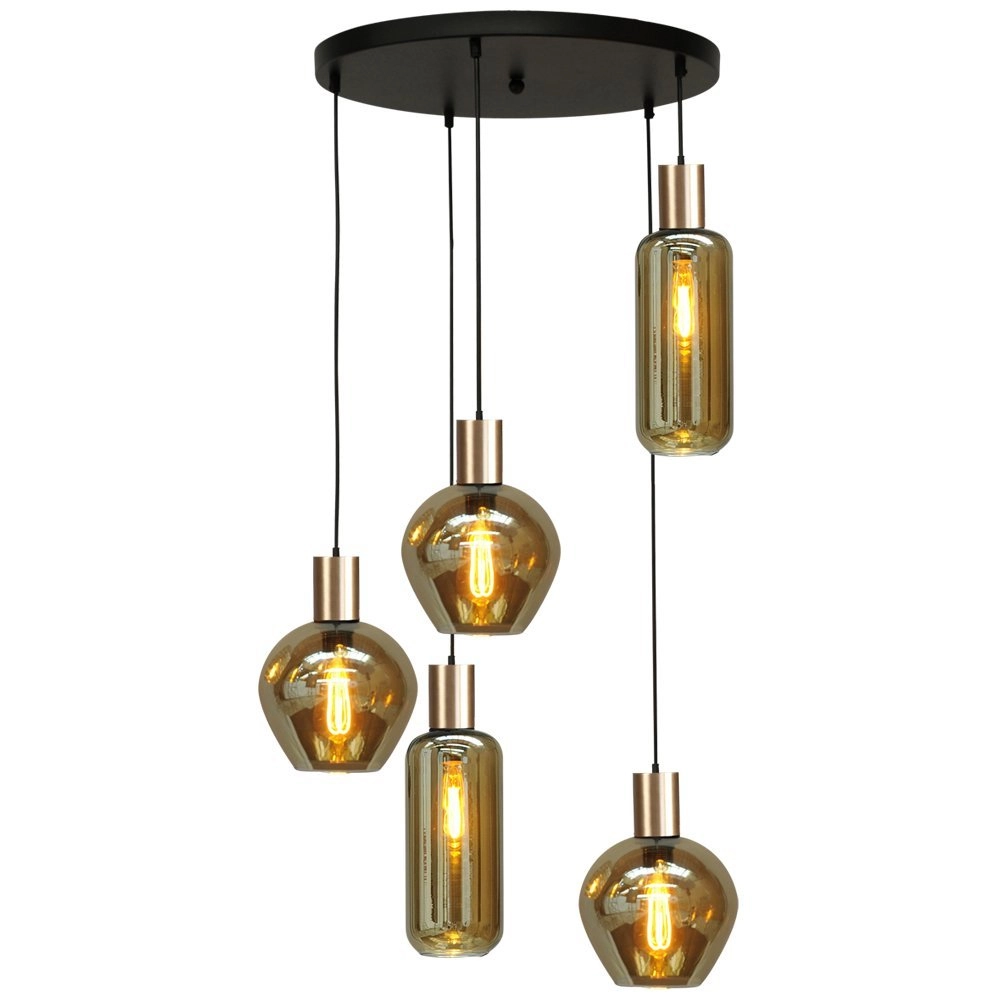 Zwarte hanglamp met goud Bounty 5-lichts met gouden fitting