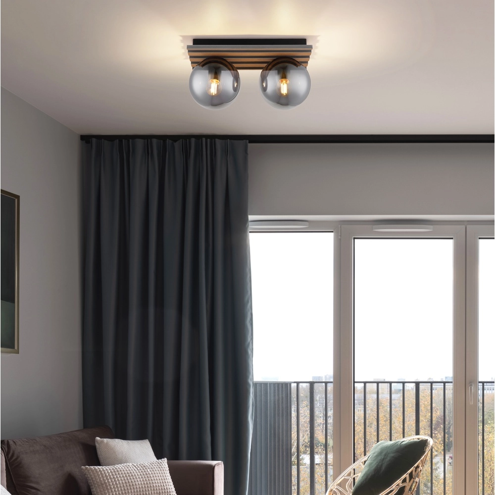 Plafondlamp Parsons 2-lichts zwart met hout Globo 9007371579099