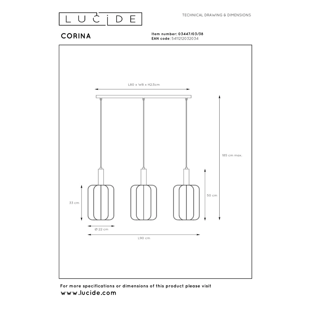 Hanglamp 3-lichts Corina zand bruin Lucide 5411212032034