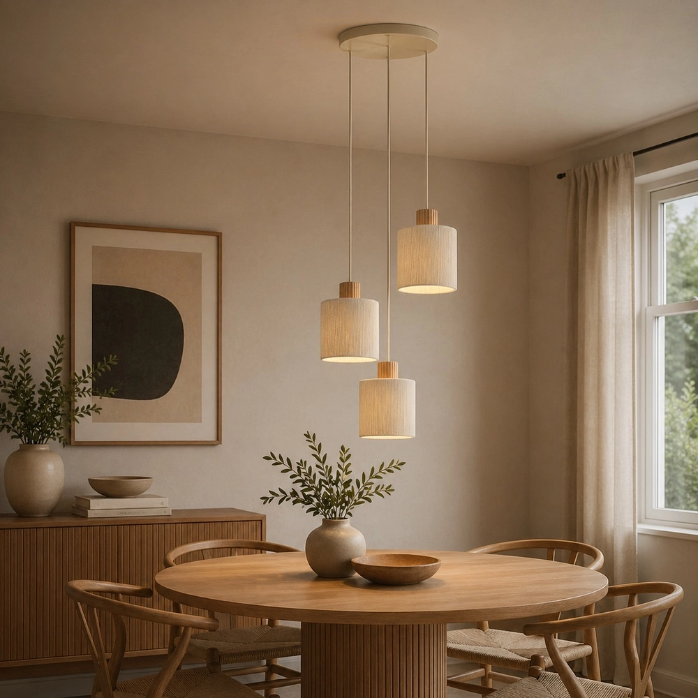 Beige hanglamp Arlo met hout japandi Ø 40cm 3-lichts Brilliant 4004353477096