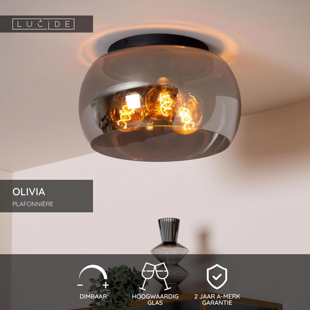 Plafondlamp Olivia Ø 40cm zwart met smoke glas Lucide 5411212452085