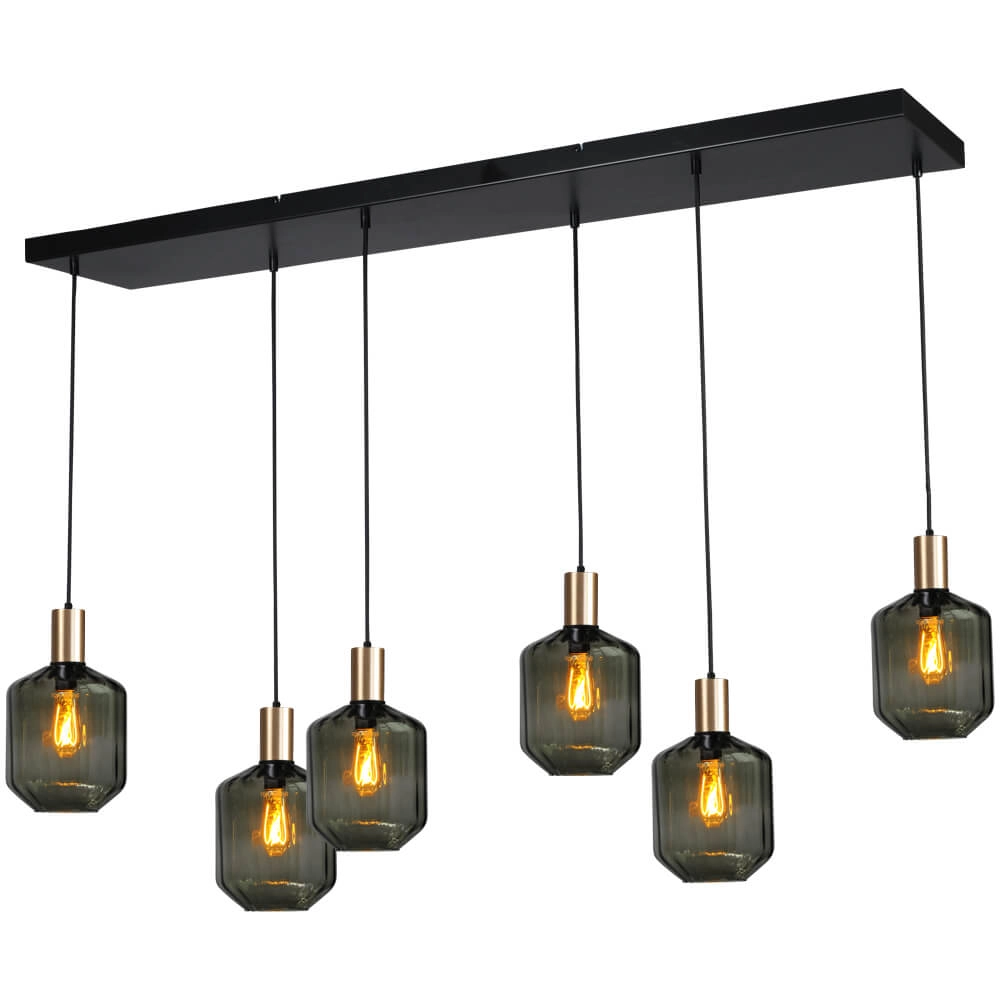 6-lichts hanglamp - goud - Porto met Jagger green glazen