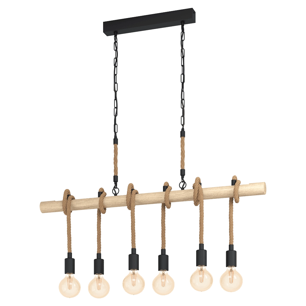 Landelijke hanglamp Youngstown 6-lichts zwart met hout Landelijke hanglamp Youngstown 6-lichts zwart met hout