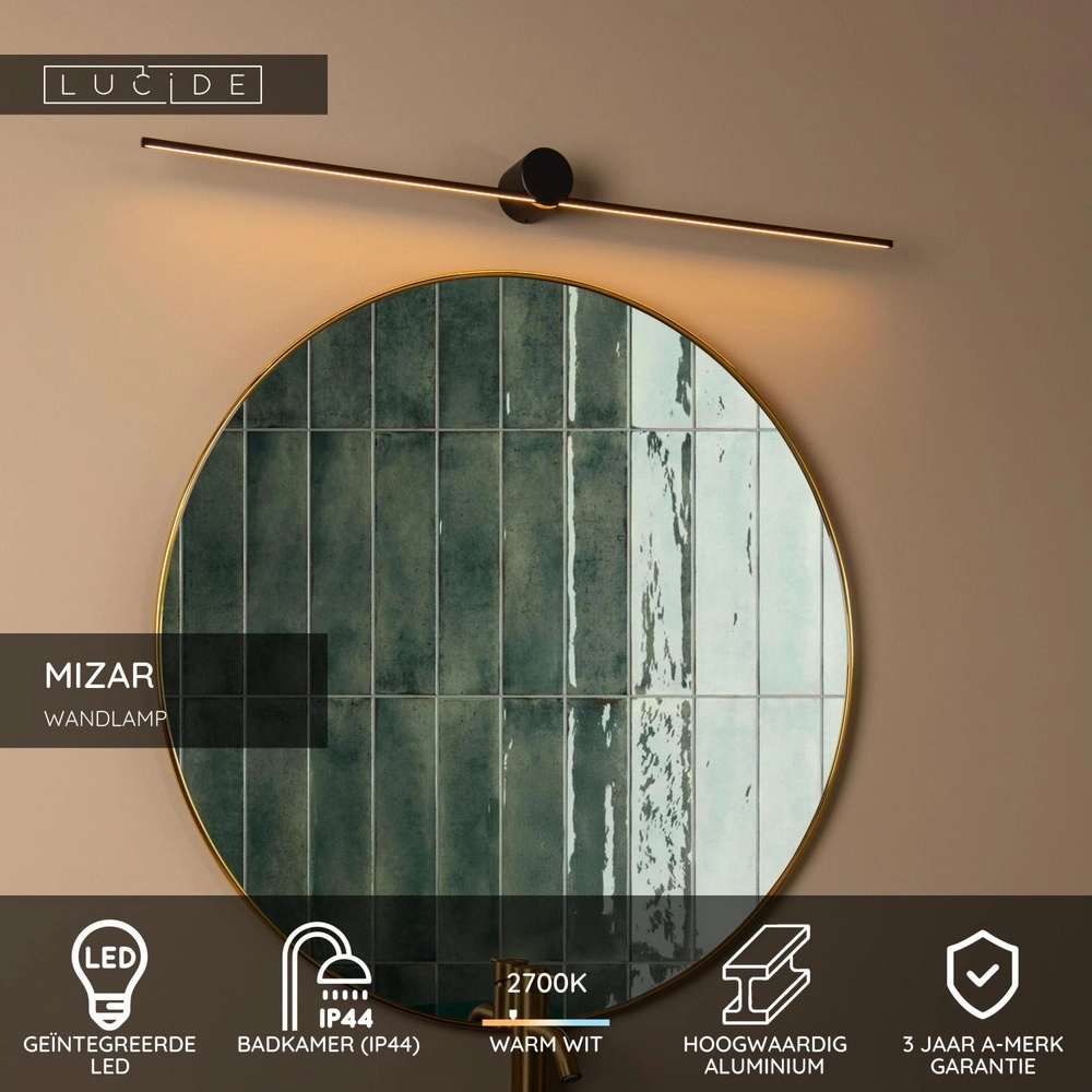 Strakke badkamer wandlamp Mizar IP44 90cm zwart Lucide 5411212126931