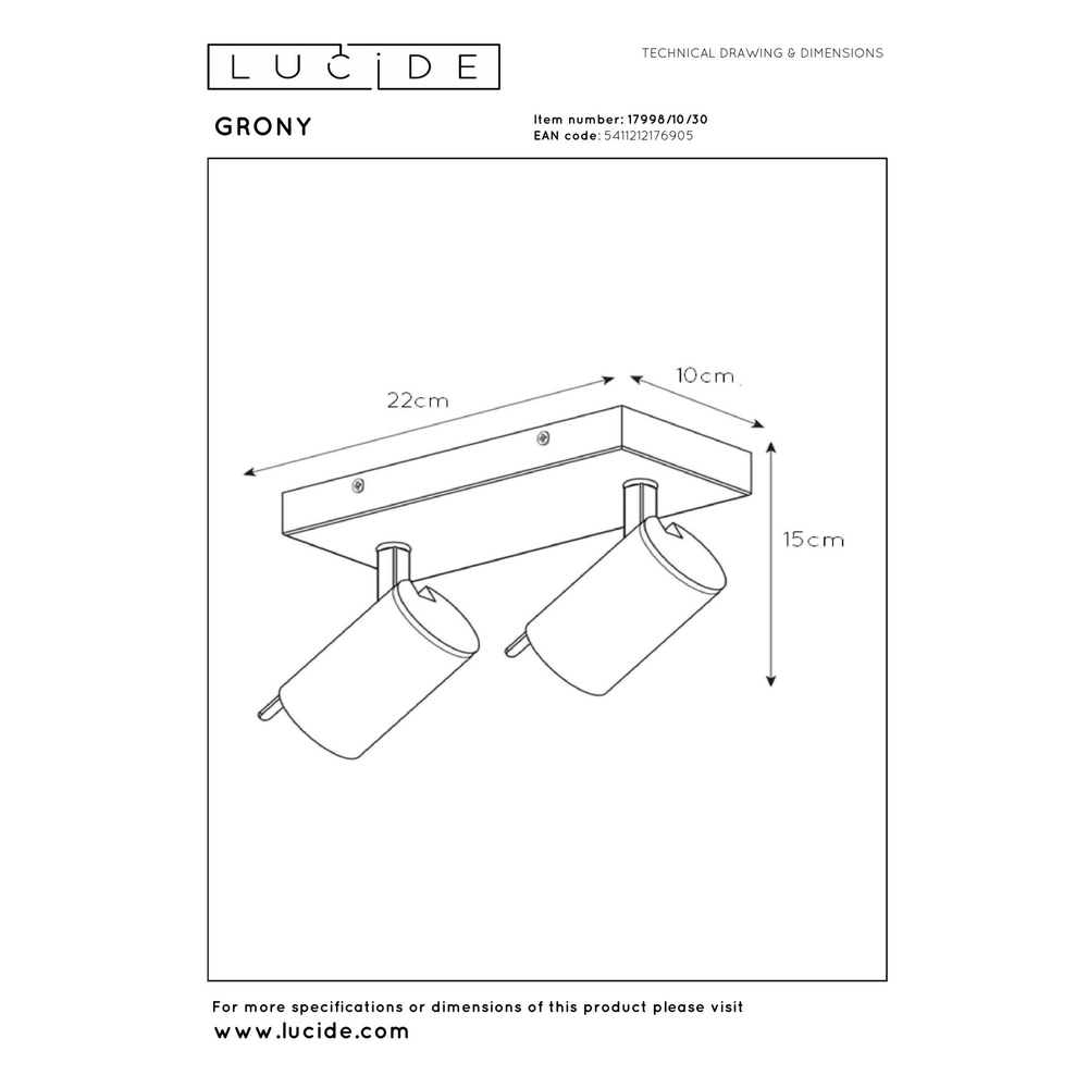 Plafondlamp Grony 2-lichts zwart Lucide 5411212176905