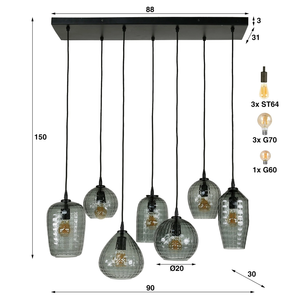 7-lichts hanglamp Hexagon smoke glazen Lyora 8716803511163