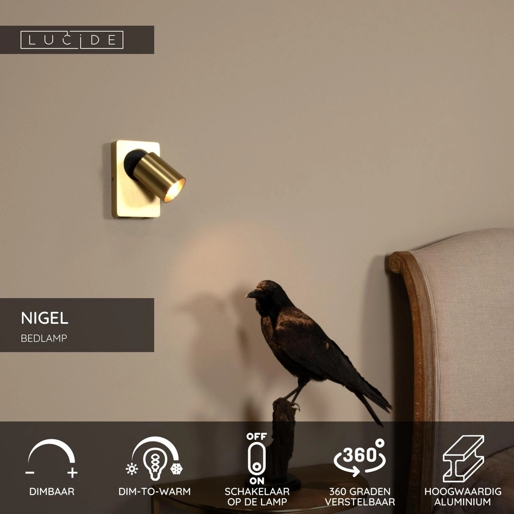 Bedlampje Nigel met USB oplaadpunt goud Lucide 5411212092953