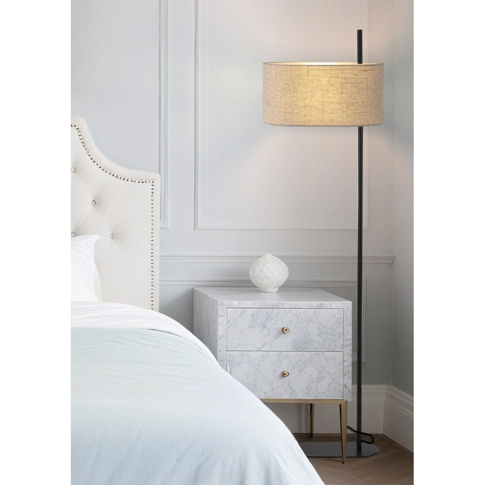 Vloerlamp Hessian zwart met linnen kap Searchlight 5053423297330