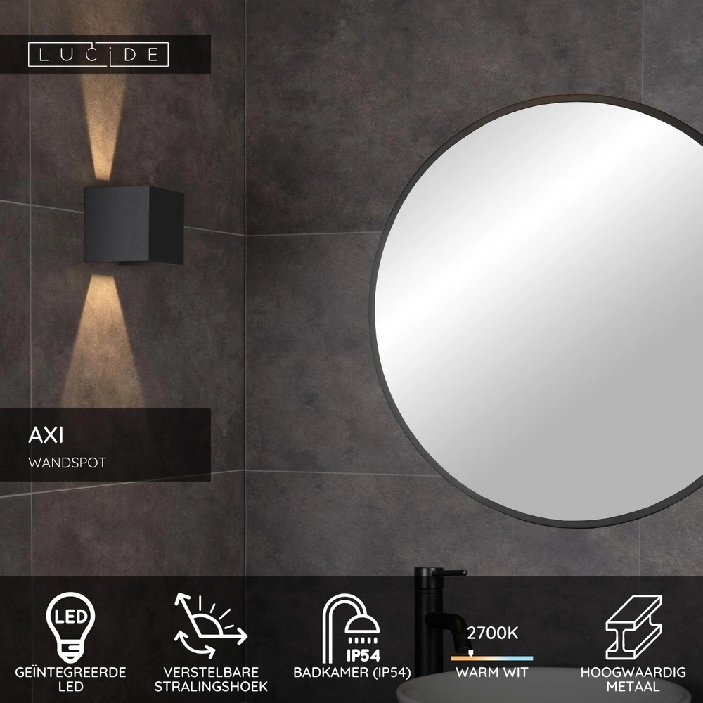 Vierkante wandspot Axi 2 x 7W IP54 zwart Lucide 5411212690005