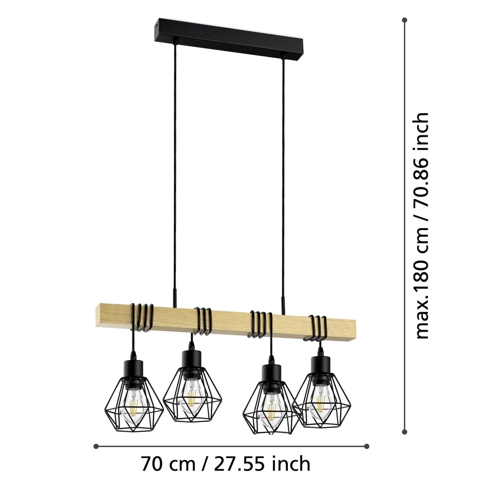 4-lichts hanglamp Townshend 5 eetkamer - zwart met hout Eglo 9002759440756