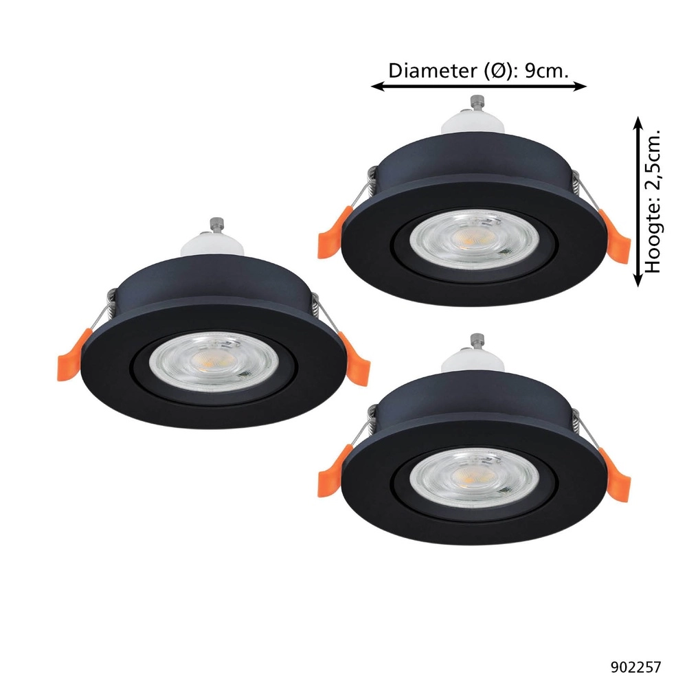 Set van 3 inbouwspots Barranco zwart Ø 9cm - 4,5W - 4000K Eglo 9008606359370