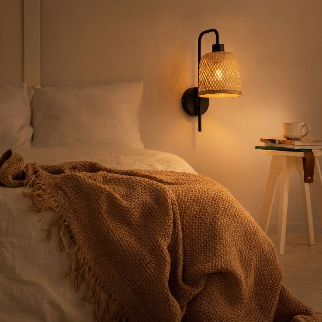 Wandlamp Intra zwart met bamboe kapje