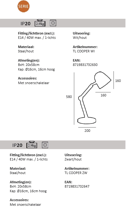 Landelijke bureaulamp Cooper wit met hout Artdelight 8719831732630