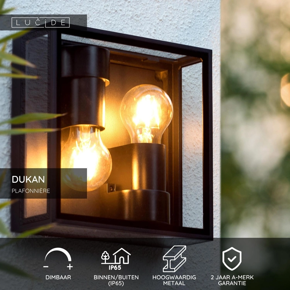 Design wandlamp Dukan IP65 zwart dubbel Lucide 5411212151889