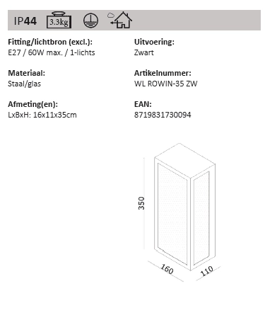 Buitenlamp landelijke stijl Rowin 35cm Artdelight 8719831730094