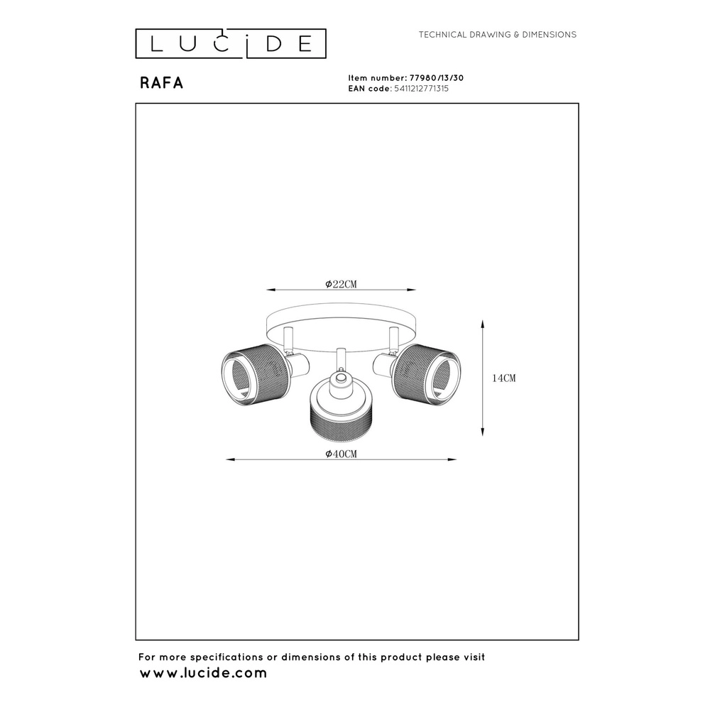Plafondlamp Rafa 3-lichts zwart met koper Lucide 5411212771315