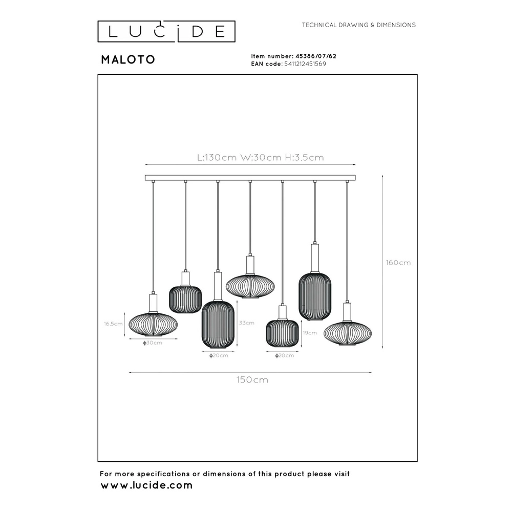 Hanglamp Maloto 7-lichts met amber glas Lucide 5411212451569