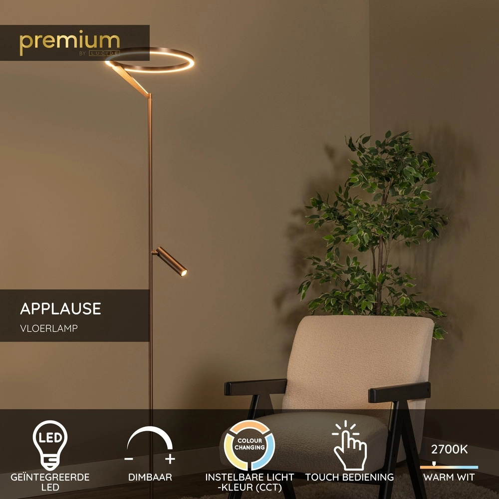 Strakke vloerlamp met leeslamp Applause geborsteld roodkoper - led Premium by Lucide 5411212221872