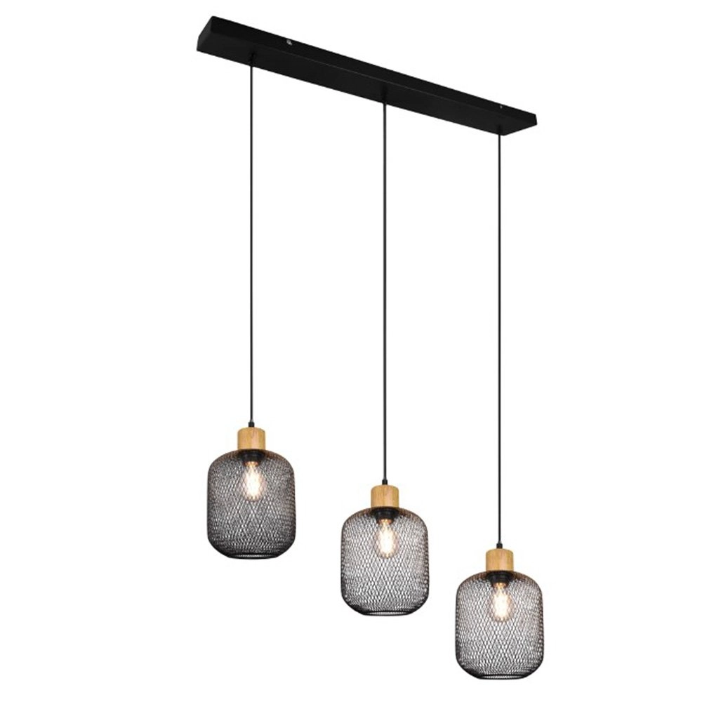 Landelijke hanglamp Calimero 3-lichts zwart met hout
