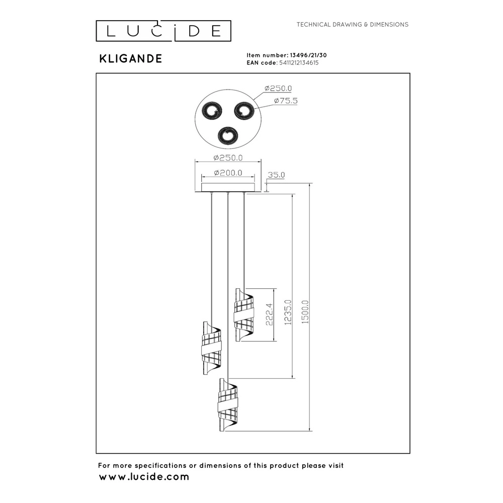 Design hanglamp Kligande 3-lichts zwart Lucide 5411212134615