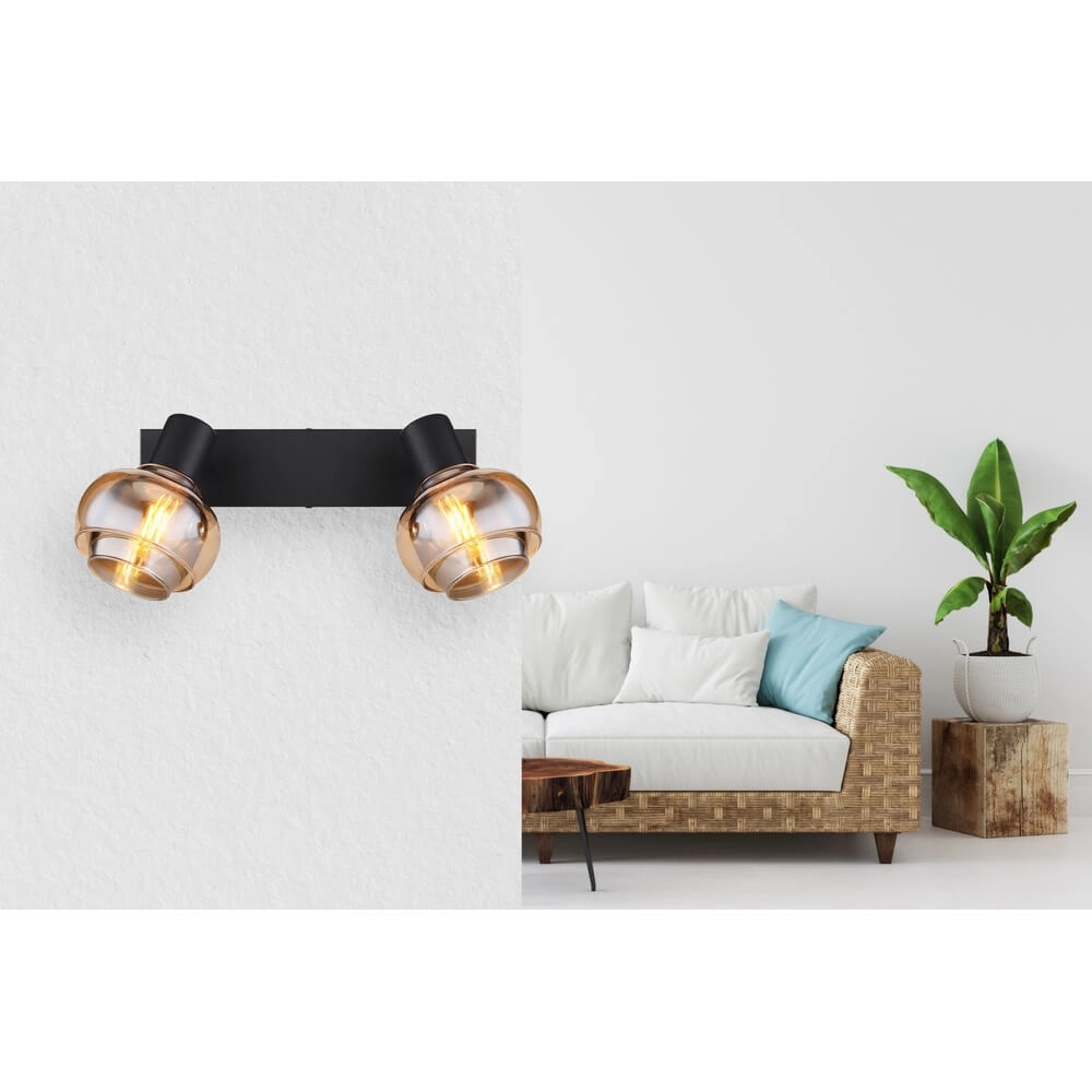 Zwarte plafondlamp Tokki 2-lichts amber smoke glas Globo 9007371455027