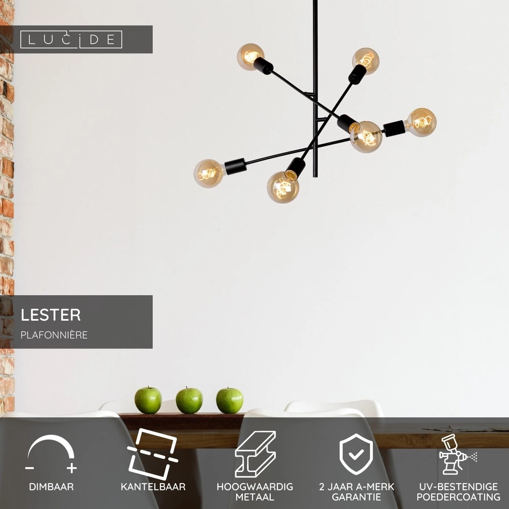 Plafondlamp Lester zwart 6-lichts Lucide 5411212211033