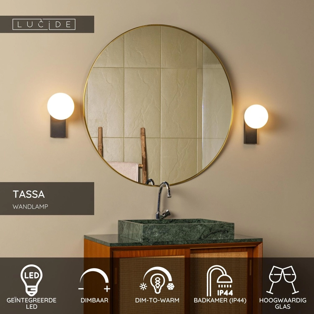 Wandlamp Tassa IP44 zwart met witte bol Lucide 5411212570079