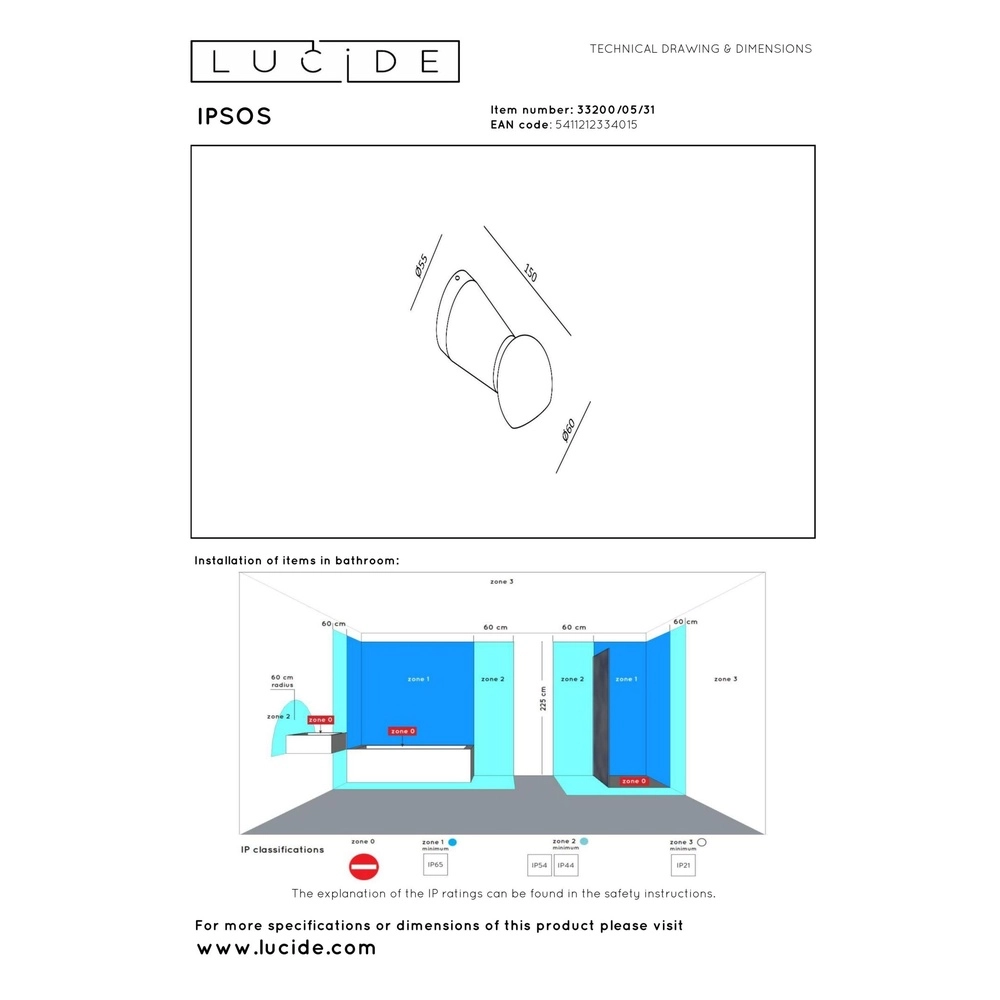 Badkamer wandlamp Ipsos wit IP54 Lucide 5411212334015