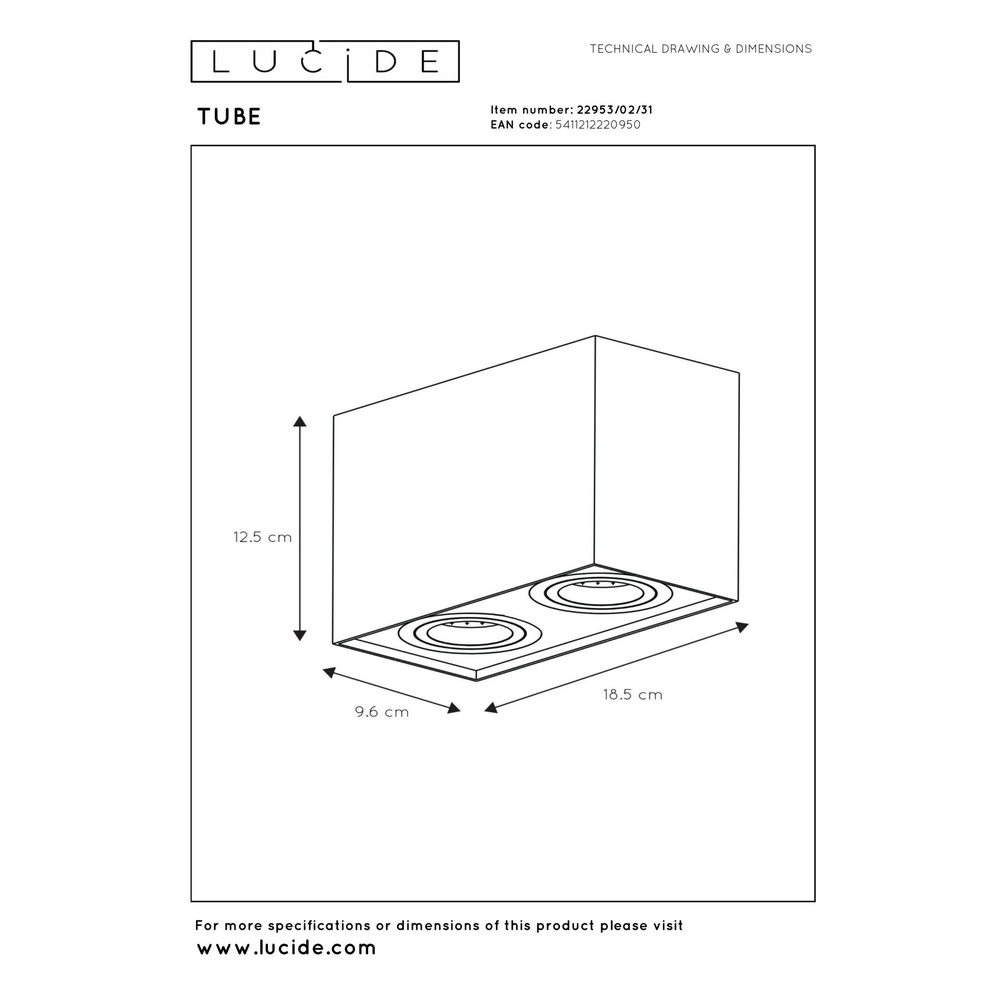 Opbouw plafondspot Tube rechthoek wit Lucide 5411212220950