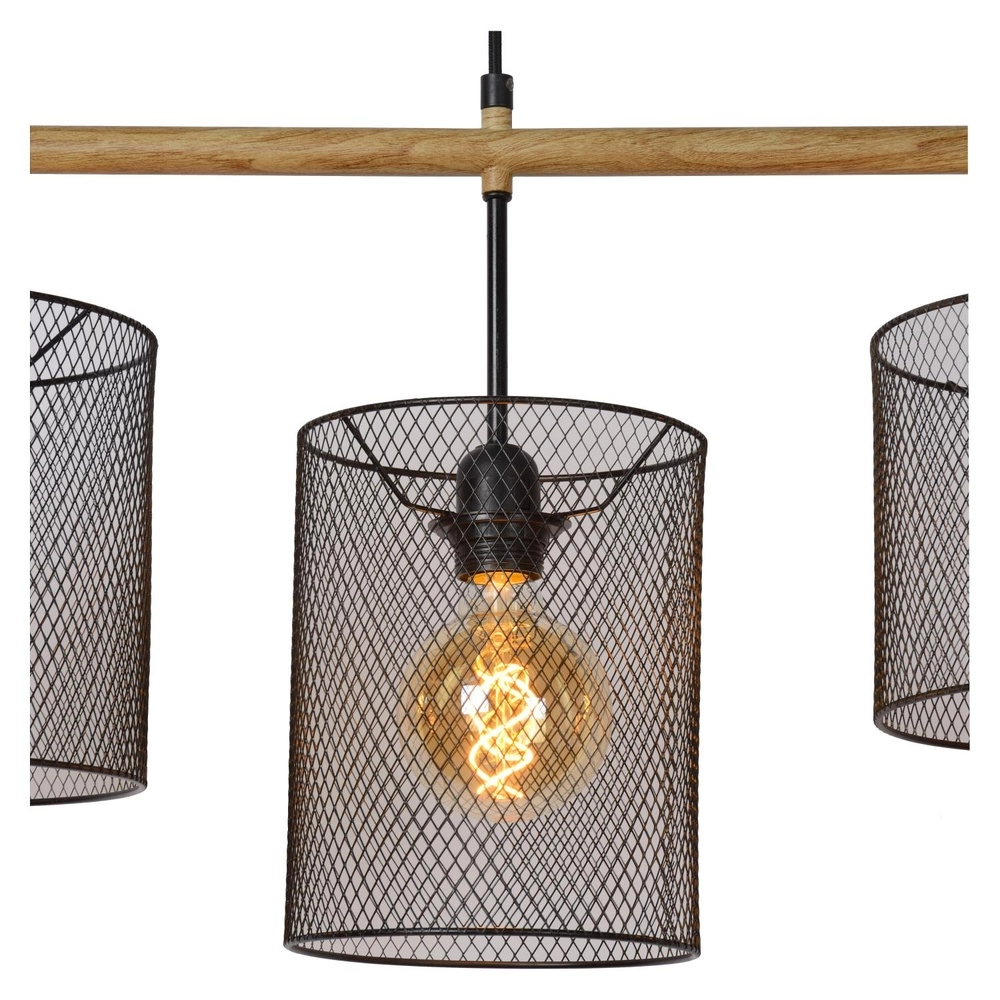 4-lichts hanglamp Baskett zwart met hout Lucide 5411212450531