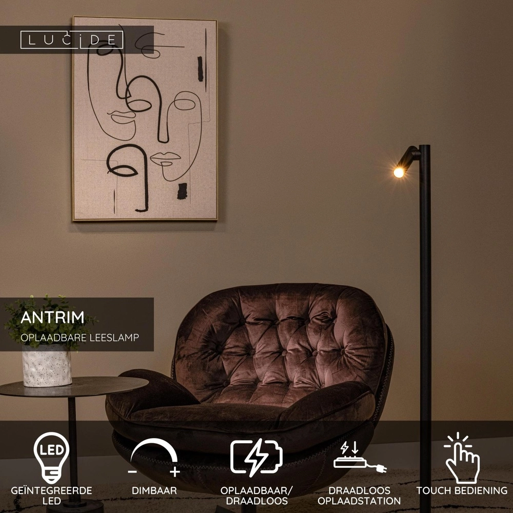 Oplaadbare leeslamp Antrim zwart IP54 Lucide 5411212272256