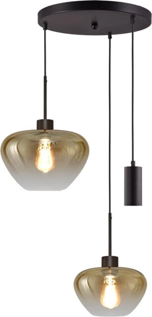 3-lichts hanglamp Genua zwart met 1x goud glas Ø 24cm  - 1x Ø 29cm en 1 pendel