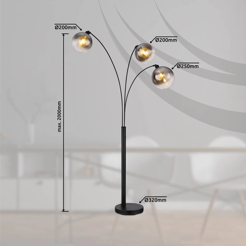 Zwarte vloerlamp Newcastle bol smoke glas 3-lichts Globo 9007371449798