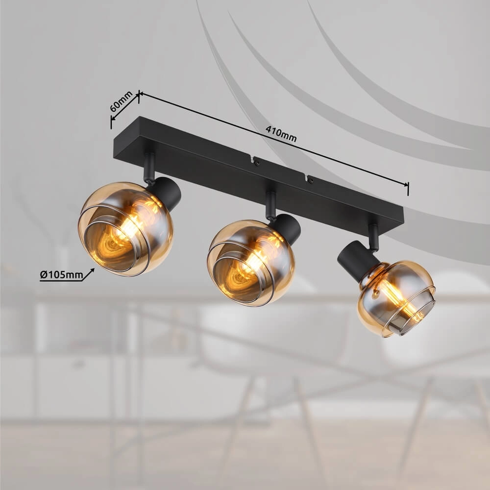 Zwarte plafondlamp Tokki 3-lichts amber smoke glas Globo 9007371458028