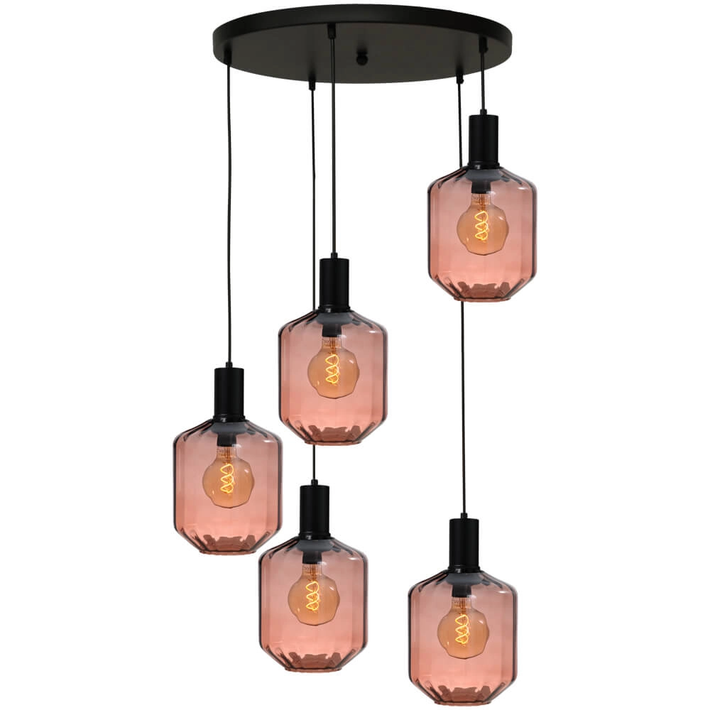 5-lichts vide hanglamp - zwart - Porto met Jagger red glazen - Ø 24cm