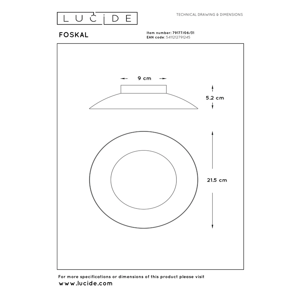 Plafondlamp Foskal Ø 21,5cm wit Lucide 5411212791245