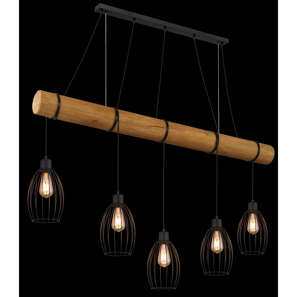 Landelijke hanglamp Berti 5-lichts hout met zwart Globo 9007371586325