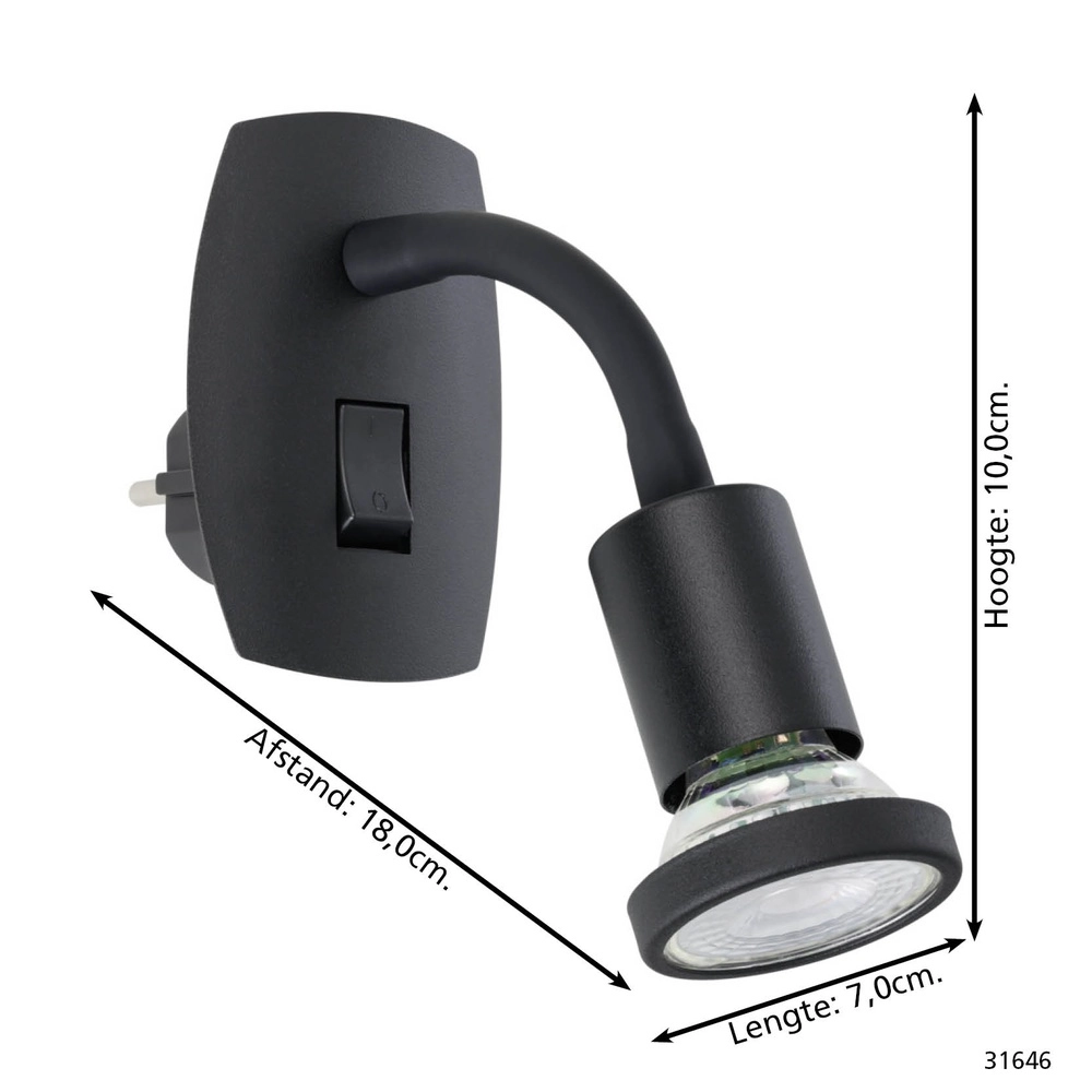 Stekker wandlamp Parrini schakelaar - flexibel - zwart