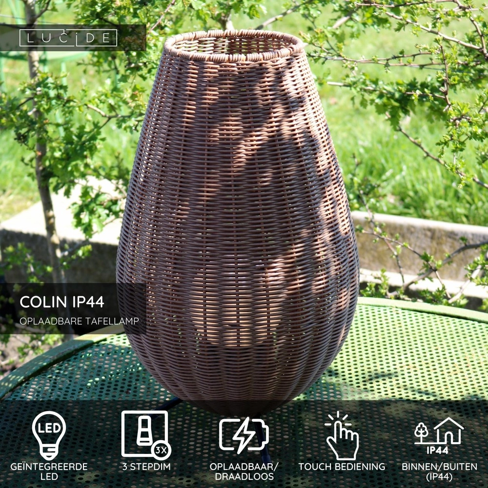 Tafellamp oplaadbaar Colin Ip44 rotan Lucide 5411212031853