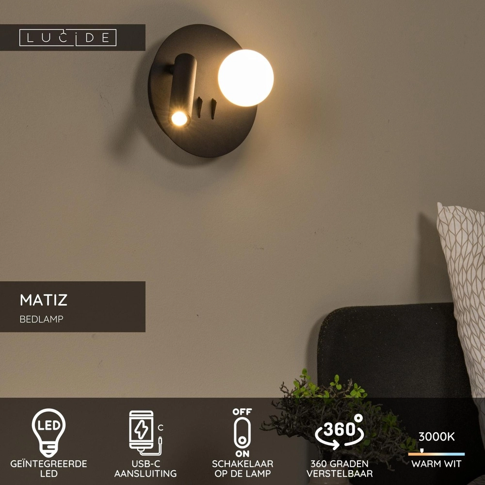 Design bedlampje Matiz zwart met USB oplaadpunt Lucide 5411212771322