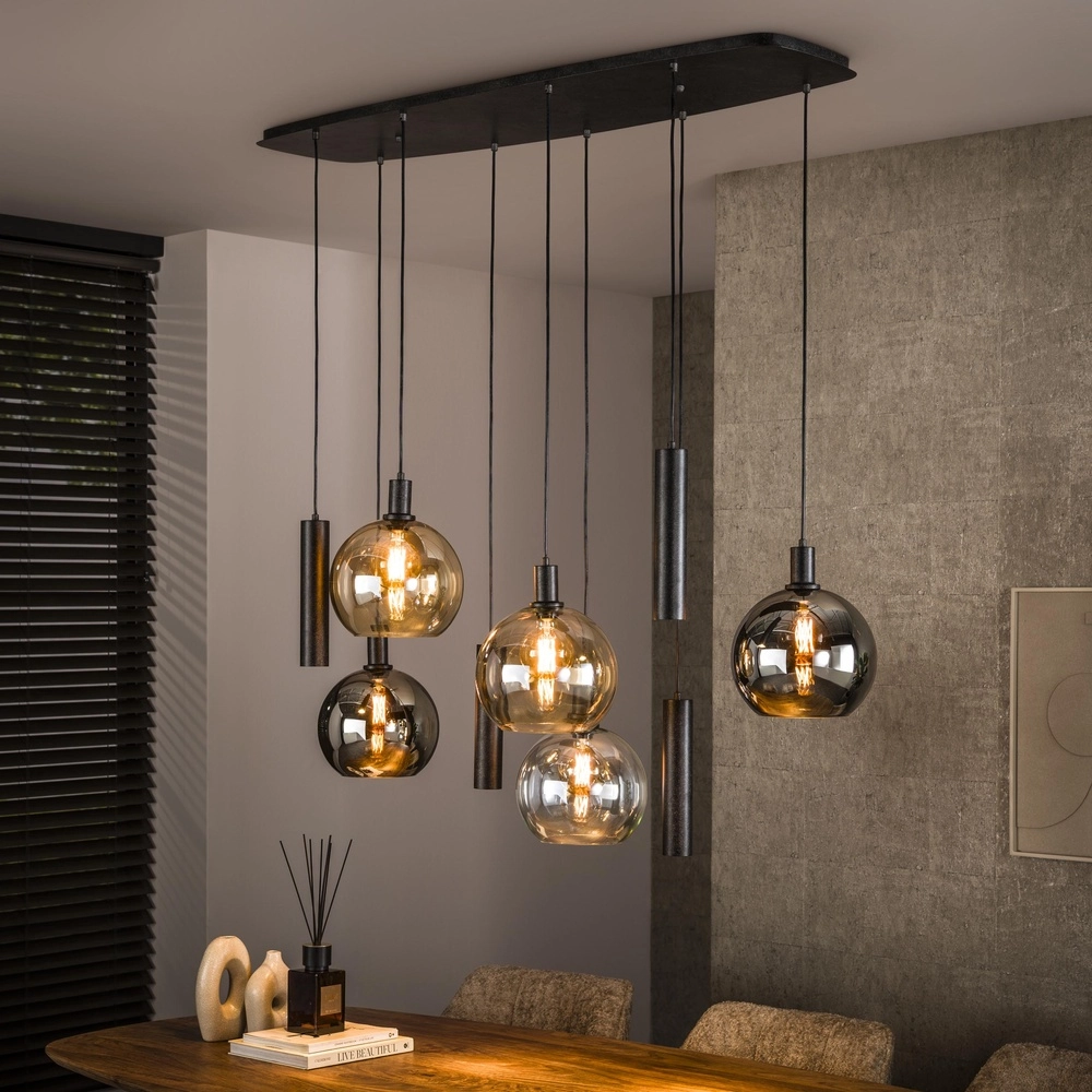 Hanglamp eettafel Sfera met gekleurde glazen bollen en pendels