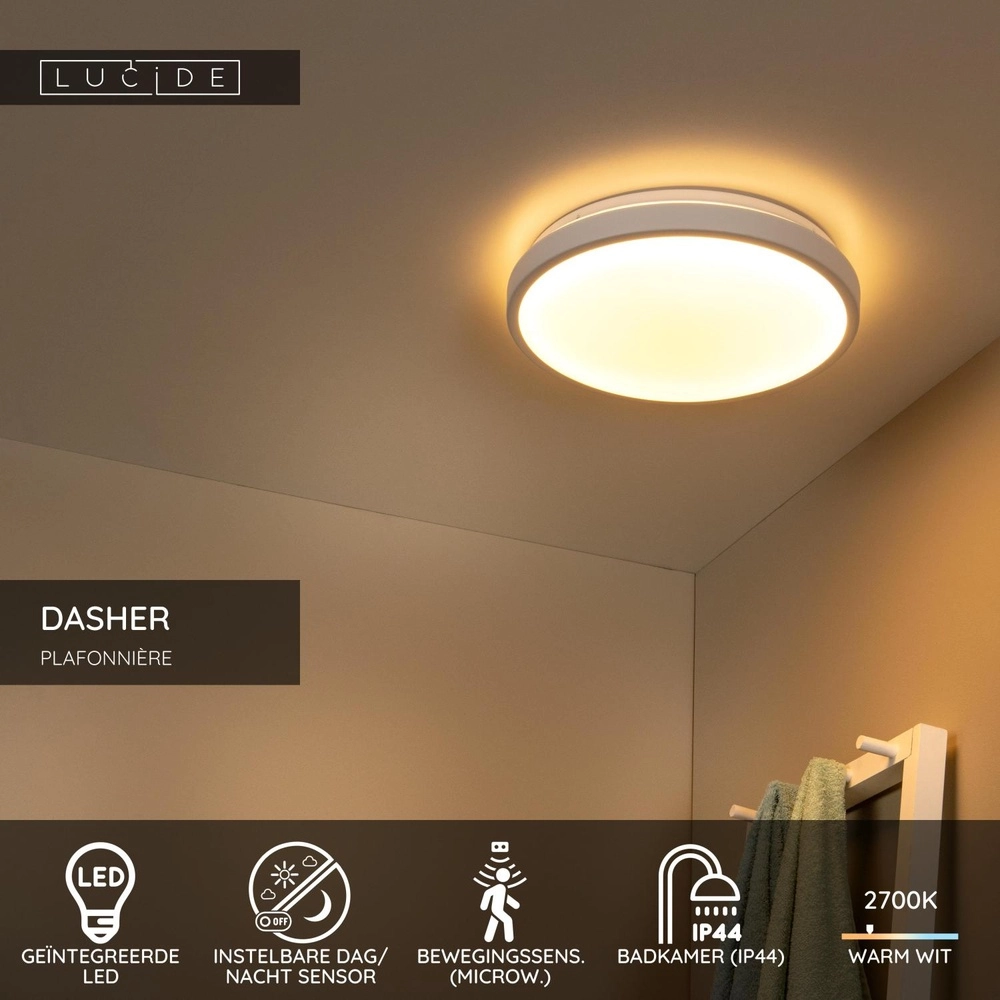 Witte plafonniere Dasher Ø 34,8cm IP44 voor badkamer Lucide 5411212792105