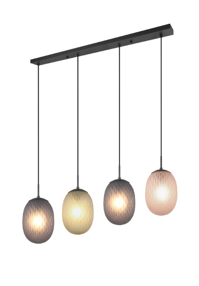 4-lichts hanglamp Facette met geribbeld gekleurd glas 4-lichts hanglamp Facette met geribbeld gekleurd glas
