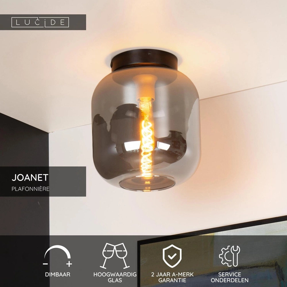 Plafondlamp Joanet Ø 25cm zwart met smoke glas Lucide 5411212452153
