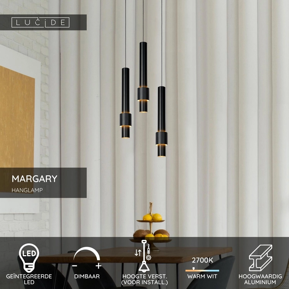 Strakke hanglamp Margary 3-lichts zwart Lucide 5411212241894