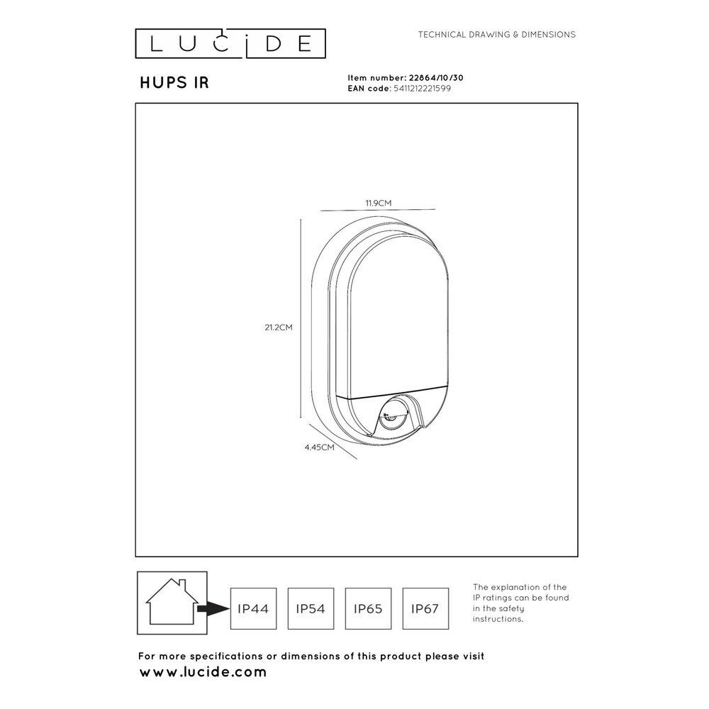 Ovale wandlamp Hups Ir zwart met sensor Lucide 5411212221599