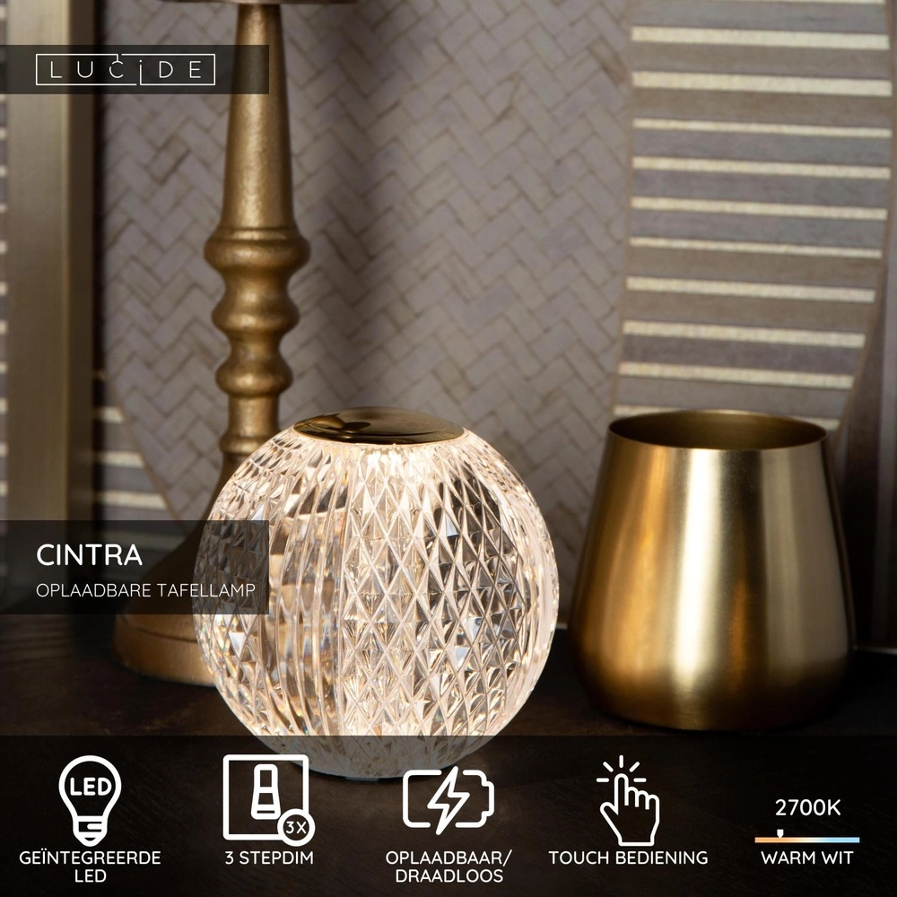 Gouden tafellampje Cintra oplaadbaar Ø 9cm - 2700K Lucide 5411212134486